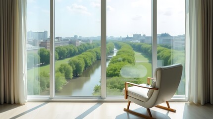 A modern white armchair by the panoramic window overlooking the river and the green city park. The bright interior and the urban landscape create an atmosphere of comfort and tranquility.
