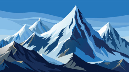 Stunning illustration featuring majestic mountains with snowy peaks in a vibrant minimalist landscape with a bright blue sky