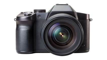 A black digital camera with a large lens isolated on a transparent background