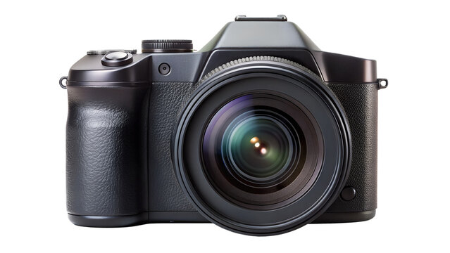 A black digital camera with a large lens isolated on a transparent background