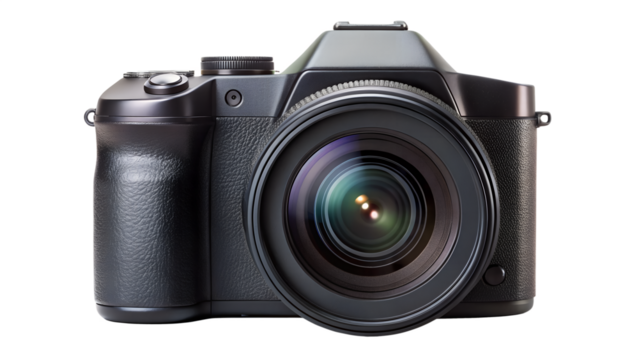 A black digital camera with a large lens isolated on a transparent background