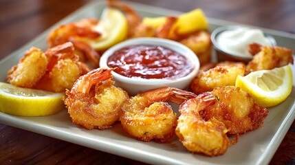 A plate of crispy fried shrimp served with cocktail sauce and lemon slices