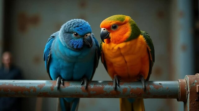 Colorful Parrots Sitting Together on a Metal Perch