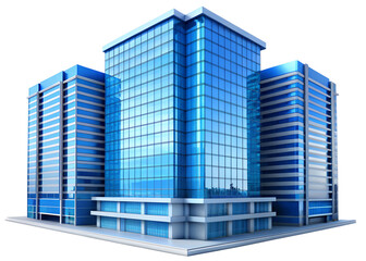 A modern blue glass office building stands tall against a transparent background