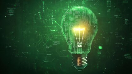 Glowing green circuit board lightbulb on digital background.