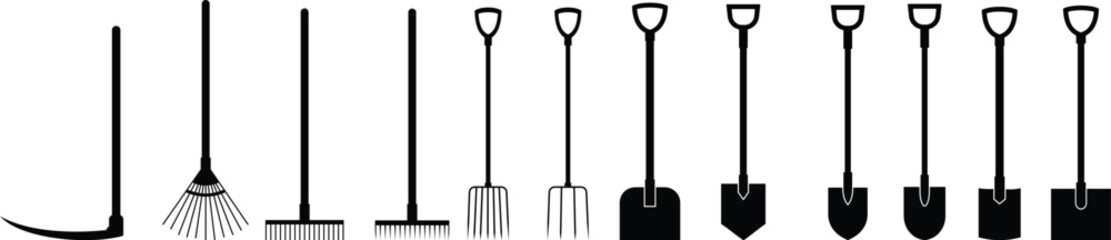 Gardening tools icon set hand rake spade, hoe, shovel, and Trowel vector collection isolated on transparent background for creative projects. Gardening tools landscape construction farm work equipment