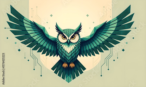 Geometric Teal Owl Illustration Spreading Wings with Abstract Technology Background Design