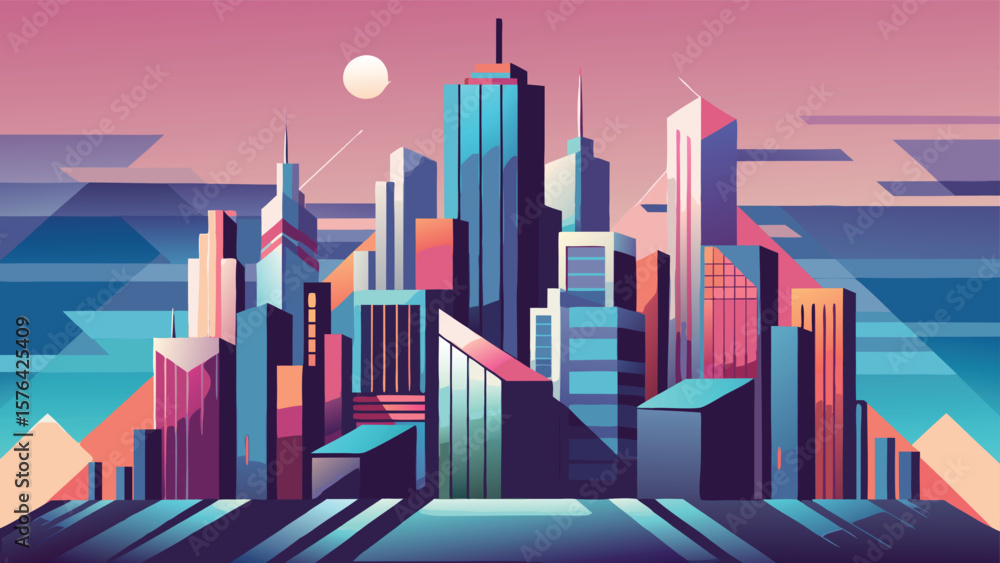 Poster vibrant minimalist cityscape depicting buildings and structures in a modern geometric style suitable