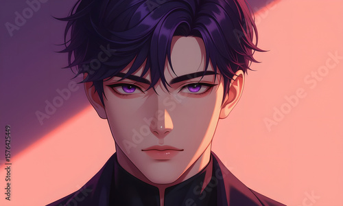 Handsome Anime Man with Purple Eyes Stares Intensely, Portrait Illustration Art