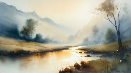 Nature Landscape Illustration with River, Mountains, and Trees

