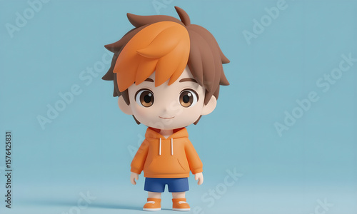 Cute Chibi Boy Character Wearing Hoodie Standing Against Light Blue Background