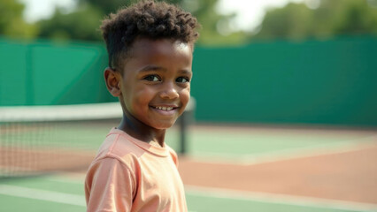Young African American male tennis player standing on outdoor grass court. smiling junior athlete portrait in tennis environment
