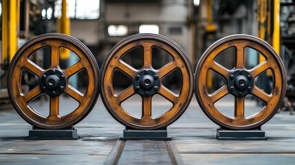 Obraz premium Three vintage-style wooden wheels on stands in a factory setting