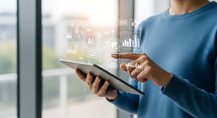 Person using a tablet to interact with a futuristic holographic interface displaying ai and data analytics visualizations