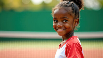 Smiling African American young female tennis player standing on pristine lawn court. Enthusiastic junior athlete portrait in tennis environment