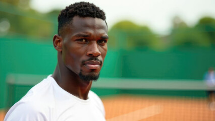 African-American male tennis player in uniform white T-shirt posing on grass court. Professional athlete portrait with outdoor lawn tennis background