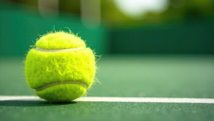 Standard green tennis ball on well-maintained grass court surface. Professional outdoor lawn tennis equipment in natural environment