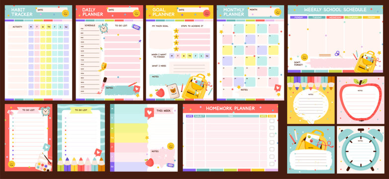 Back to school planner set for kids and students. Weekly schedule, to-do list, and habit tracker in a cute flat design. Organizing study goals and tasks. Education concept.