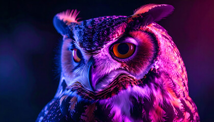 Intense Owl Portrait with Vibrant Neon Lighting, Majestic Bird of Prey