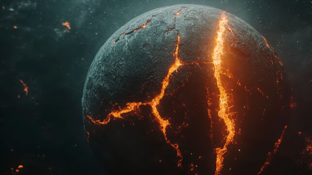 A cracked planet with glowing lava fissures in space.