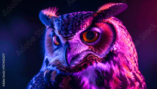 Intense Owl Portrait with Vibrant Neon Lighting, Majestic Bird of Prey
