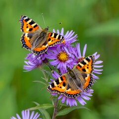 Obraz premium Two Tortoiseshell Butterflies on Purple Aster Flowers in a Meadow