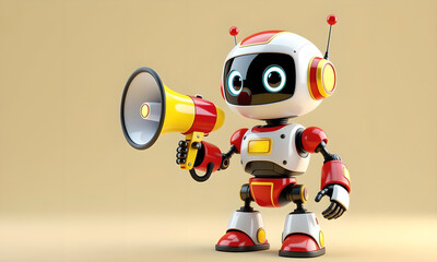 Cute robot holding megaphone makes an announcement on a neutral background