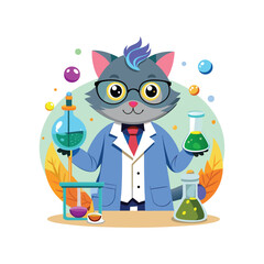 Cute Scientist Cat Mixing Colorful Potions in Lab. Fun Chemistry Experiment Vector Illustration on White Background. Adorable Feline Science Character Art.