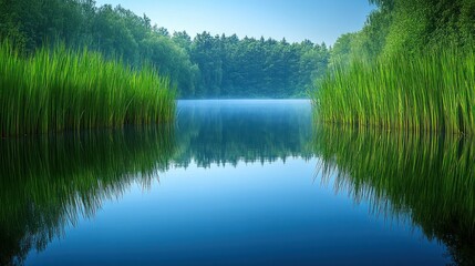 Obraz premium Tranquil lake, mirrored forest. Lush green reeds frame still water