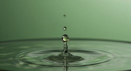 Water droplet splashing on surface creating ripples in green light  