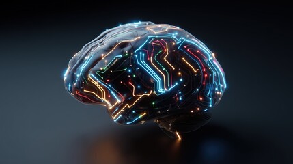 Futuristic 3D Render of Brain Integrated with Glowing Circuitry and Detailed Textures