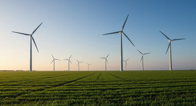 Rows of wind turbines in a green field under blue sky  