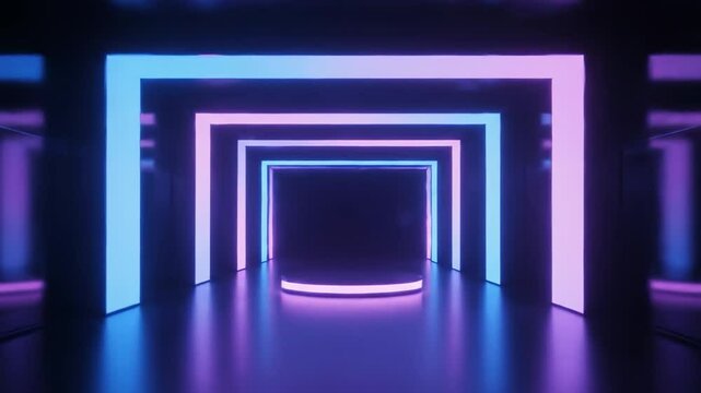 Neonlit tunnel with squared arches and a circular platform