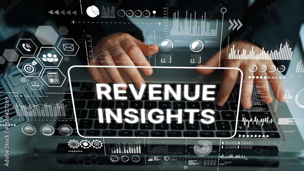 Poster business professional analyzing revenue insights data through computer keyboard with graphs and char