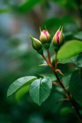 Delicate pink rosebuds unfurling among lush green foliage, representing springtime emergence and gentle natural transformation