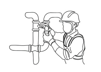Continuous one line drawing of plumber connecting pipes with tools in an industrial setting