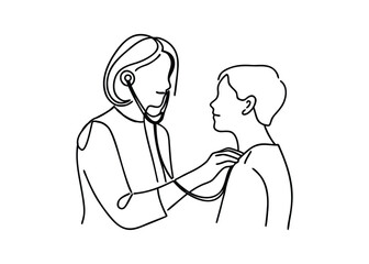 Continuous one line drawing of  Doctor using stethoscope to listen to a child's chest  