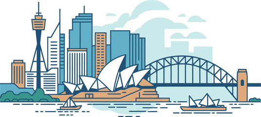 Fototapeta premium A stylized illustration of the sydney skyline featuring the opera house and harbour bridge view city