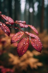 Vivid crimson foliage dripping with moisture clinging to delicate branch, blurred woodland scene softening background