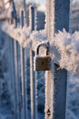 Frosted padlock gripping metal gate, winter's icy embrace revealing cold stillness and delicate ice crystallization