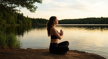 Woman in yoga pose by a tranquil lake at dusk