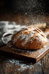 Rustic wooden board holding golden sourdough loaf, lightly sprinkled with flour, radiating artisanal baking warmth
