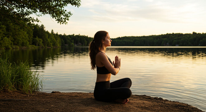 Woman in yoga pose by a tranquil lake at dusk