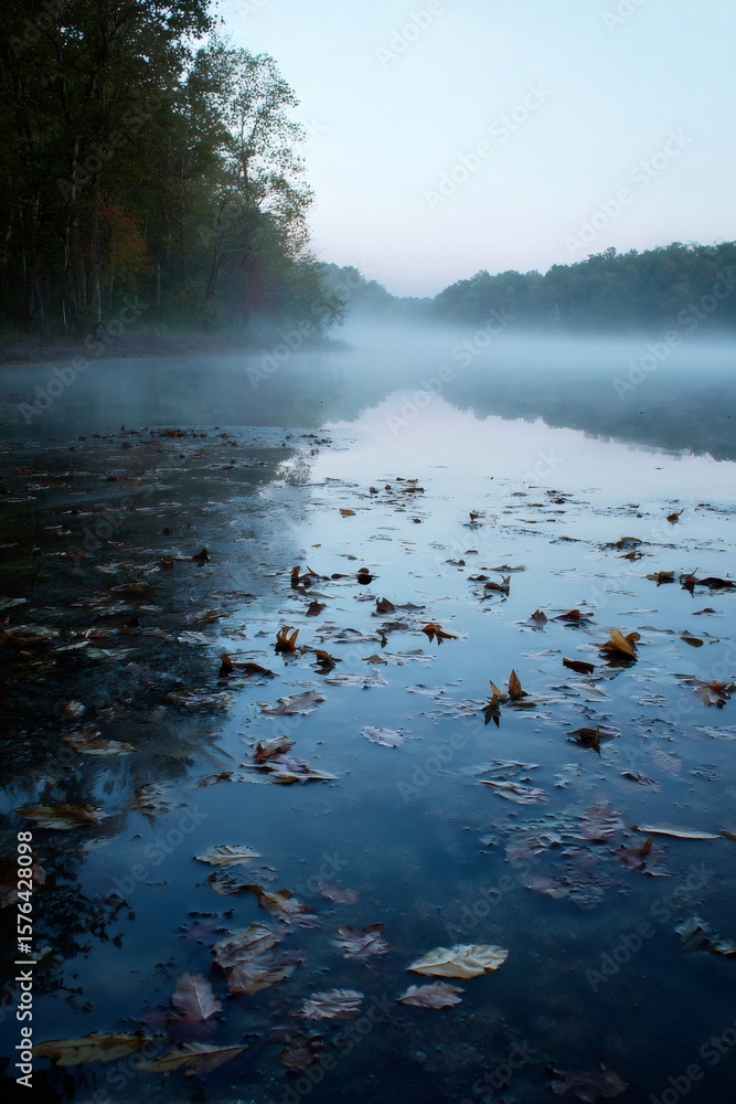 Poster Autumn leaves floating on the surface of a misty lake at dawn, creating a serene and atmospheric scene
