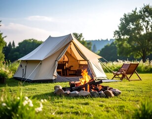 Camping tent by campfire