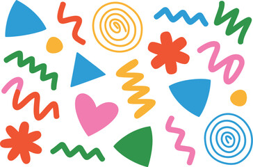 A playful composition featuring a variety of colorful geometric shapes scattered on a white surface