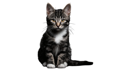 A cute tabby kitten with striking eyes sits attentively, looking directly at the camera, isolated on a transparent background