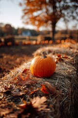 Vibrant orange pumpkin sits on a hay bale adorned with fallen leaves, capturing the essence of autumn
