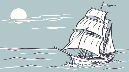 Vintage sailing ship illustration on the sea with moon and clouds vector art for nautical designs