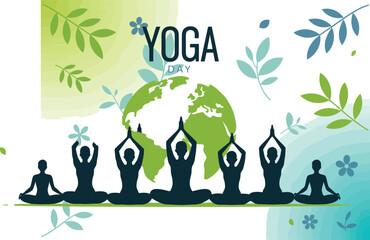 International yoga day illustration with silhouettes in meditation poses and floral elements